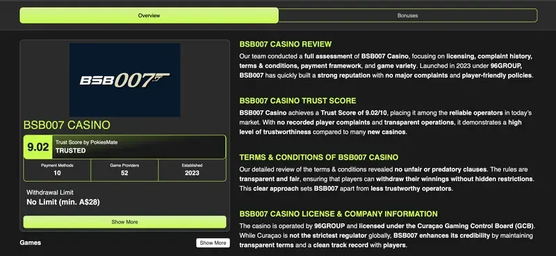 PokiesMate review of BSB007 Casino: Trust Score 9.02/10, 10 payment methods, 52 game providers, established 2023, withdrawal limit none (min. A$28)